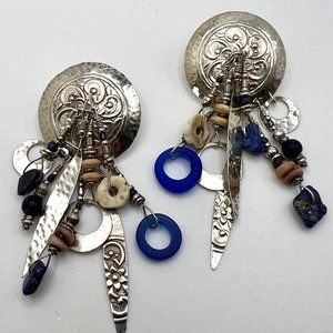 Tabra 925 Round Shield Earrings with Beachglass, Lapis and Bone Fringe